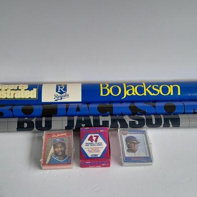 Three Bo Jackson sports posters and Baseball trading cards