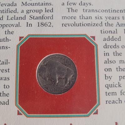 Commemorative 1930 The Transcontinental Railroad Buffalo Nickel and 3 cent stamp Collectors card