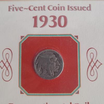 Commemorative 1930 The Transcontinental Railroad Buffalo Nickel and 3 cent stamp Collectors card