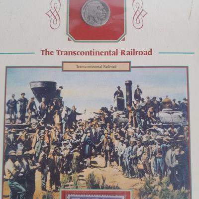 Commemorative 1930 The Transcontinental Railroad Buffalo Nickel and 3 cent stamp Collectors card