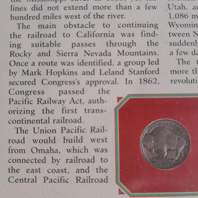 Commemorative 1930 The Transcontinental Railroad Buffalo Nickel and 3 cent stamp Collectors card
