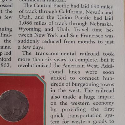 Commemorative 1930 The Transcontinental Railroad Buffalo Nickel and 3 cent stamp Collectors card