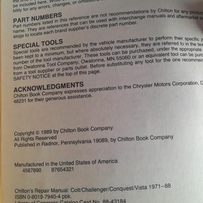 Chilton Automobile Books, 1971-1988 Coltt, Challenger, Conquest -Vista, and Chilton Mechanics Handbook