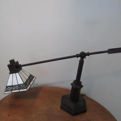 Adjustable Boom Arm Table Lamp with Stained Glass Shade