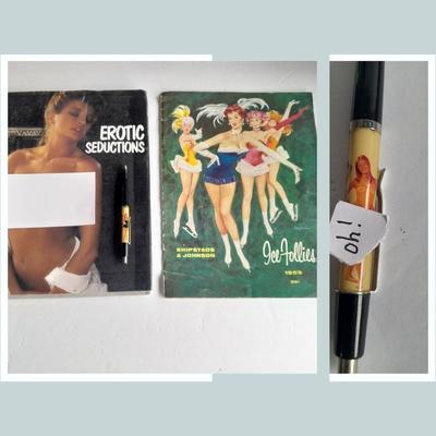 Vintage Swimsuit dropping pen, seduction book, and 1959 Ice Follies program booklet