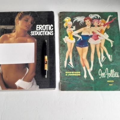 Vintage Swimsuit dropping pen, seduction book, and 1959 Ice Follies program booklet