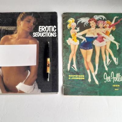 Vintage Swimsuit dropping pen, seduction book, and 1959 Ice Follies program booklet