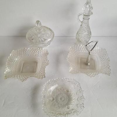 Vintage pressed glass dishware, candy jar, Bowl, Decanter, and more
