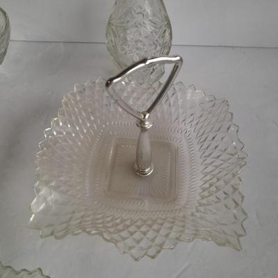 Vintage pressed glass dishware, candy jar, Bowl, Decanter, and more