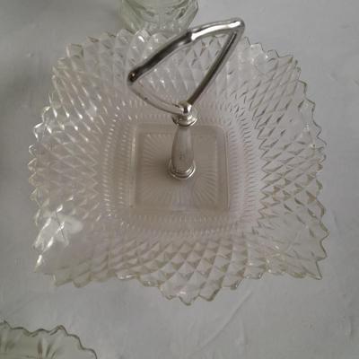 Vintage pressed glass dishware, candy jar, Bowl, Decanter, and more