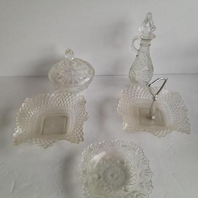 Vintage pressed glass dishware, candy jar, Bowl, Decanter, and more