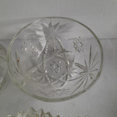 Vintage pressed glass dishware, candy jar, Bowl, Decanter, and more