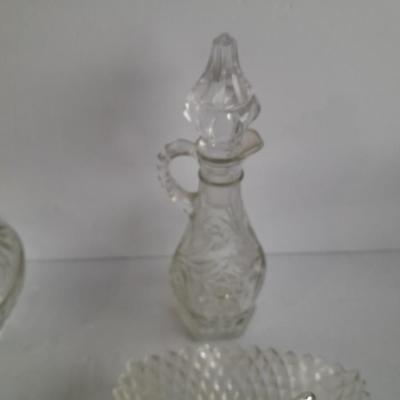 Vintage pressed glass dishware, candy jar, Bowl, Decanter, and more