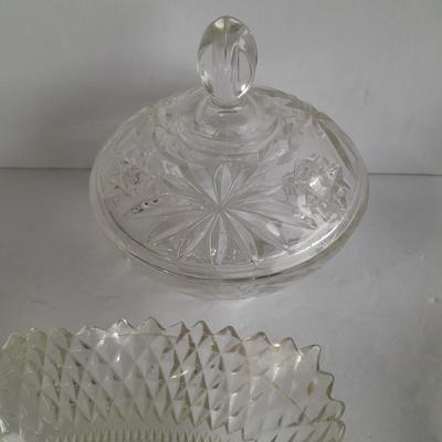 Vintage pressed glass dishware, candy jar, Bowl, Decanter, and more