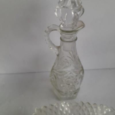 Vintage pressed glass dishware, candy jar, Bowl, Decanter, and more