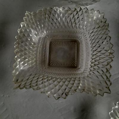 Vintage pressed glass dishware, candy jar, Bowl, Decanter, and more