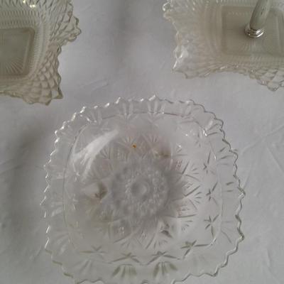 Vintage pressed glass dishware, candy jar, Bowl, Decanter, and more