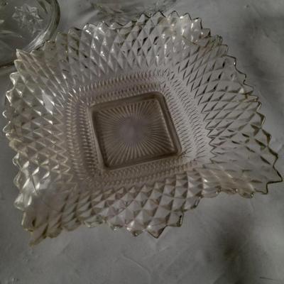 Vintage pressed glass dishware, candy jar, Bowl, Decanter, and more