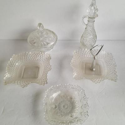Vintage pressed glass dishware, candy jar, Bowl, Decanter, and more