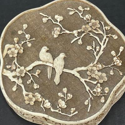 Vintage Carved Resin Cherry Blossom & Birds Trinket Box