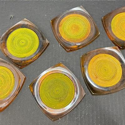 Vintage Set of 6 Lucite Hand Painted Coasters