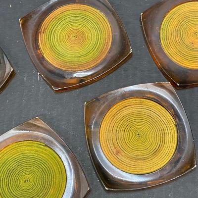 Vintage Set of 6 Lucite Hand Painted Coasters