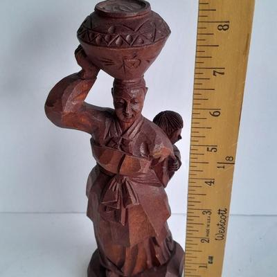 "A Mother's Strength" Vintage 1970s Hand Carved Wooden Asian Figure