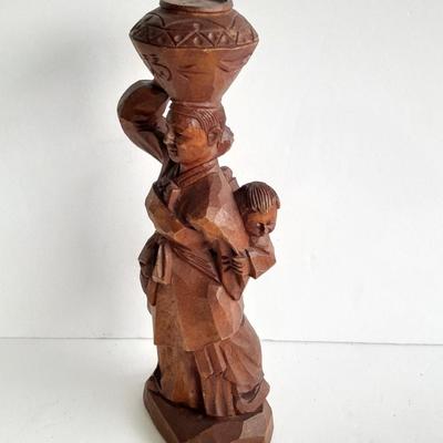 "A Mother's Strength" Vintage 1970s Hand Carved Wooden Asian Figure