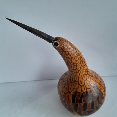 Hand Carved Peruvian Folk Art Dried Gourd Decorative Handmade Bird And "The Blue Jay" Plate with COA