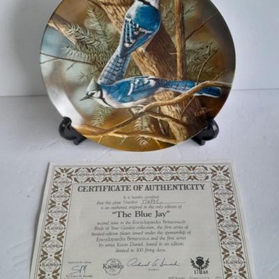 Hand Carved Peruvian Folk Art Dried Gourd Decorative Handmade Bird And "The Blue Jay" Plate with COA