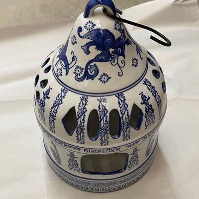 NEW Vintage Blue and White Ceramic Bird Feeder