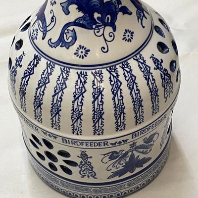 NEW Vintage Blue and White Ceramic Bird Feeder