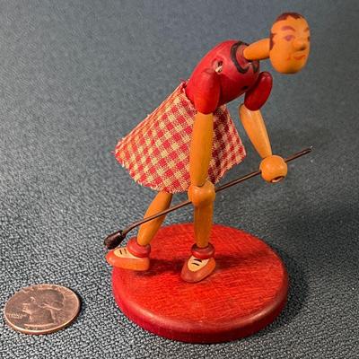 VINTAGE LANKY LADY GOLFER JOINTED WOODEN FIGURAL 