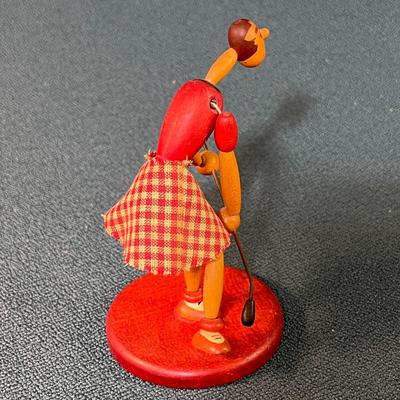 VINTAGE LANKY LADY GOLFER JOINTED WOODEN FIGURAL 