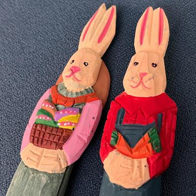 CARVED WOOD FARMER COUPLE RABBITS