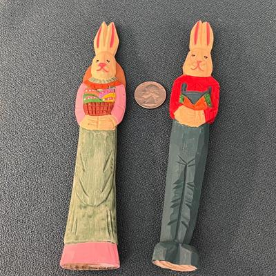 CARVED WOOD FARMER COUPLE RABBITS