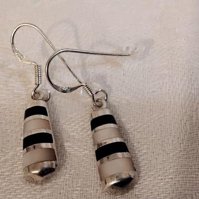 Vintage Onyx and Mother of Pearl 925 Earrings