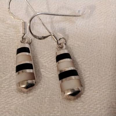 Vintage Onyx and Mother of Pearl 925 Earrings