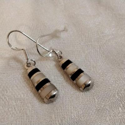 Vintage Onyx and Mother of Pearl 925 Earrings