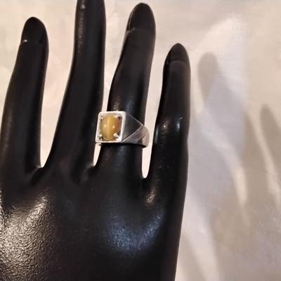 Vintage Rare Yellow Tigers Eye 925 Ring Size 5.5
