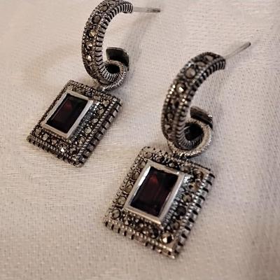 Antique Garnet and Marcasite 925 Earrings