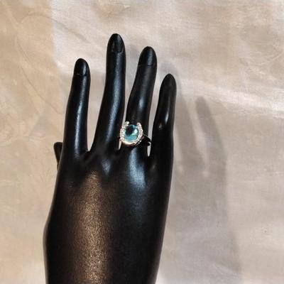 London Blue Topaz Surrounded By White Sapphires  925 Ring Size 7