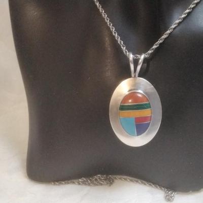 Navajo Lapidary Artist Calvin Desson Inlay Gemstone 925 30" Necklace