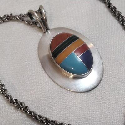 Navajo Lapidary Artist Calvin Desson Inlay Gemstone 925 30" Necklace
