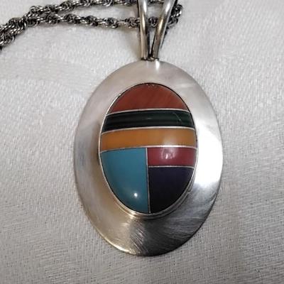 Navajo Lapidary Artist Calvin Desson Inlay Gemstone 925 30" Necklace