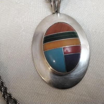Navajo Lapidary Artist Calvin Desson Inlay Gemstone 925 30" Necklace