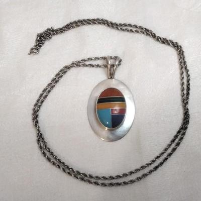 Navajo Lapidary Artist Calvin Desson Inlay Gemstone 925 30" Necklace