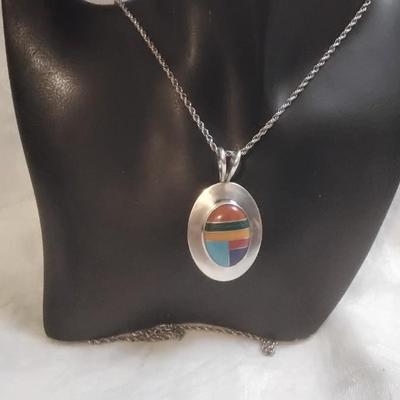 Navajo Lapidary Artist Calvin Desson Inlay Gemstone 925 30" Necklace