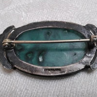 Antique Hand Carved Jade 925 Brooch