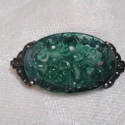 Antique Hand Carved Jade 925 Brooch